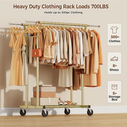 HYSEYY Gold Heavy Duty Rolling Clothes Rack with Shelves - Supports 700LBS