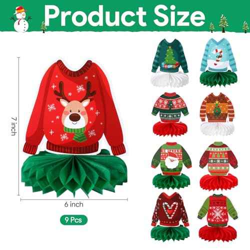 Ugly Sweater Table Decor 9 Pcs 3D Ugly Sweater Party Supplies Xmas Honeycomb Cutouts Centerpieces Decorations Tables Topper for Christmas Party Winter Holiday