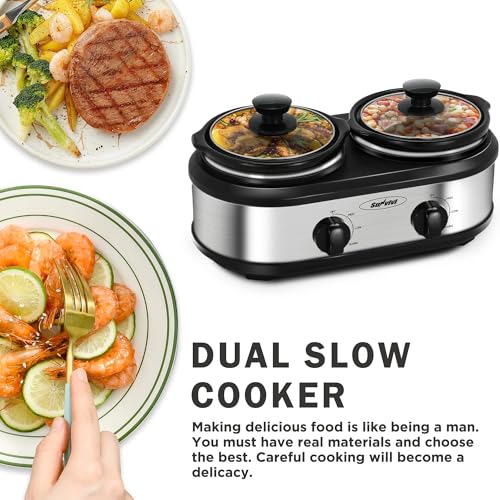 Sunvivi Silver Dual Slow Cooker Buffet Server with 2.5 Quarts, 3 Temp Settings