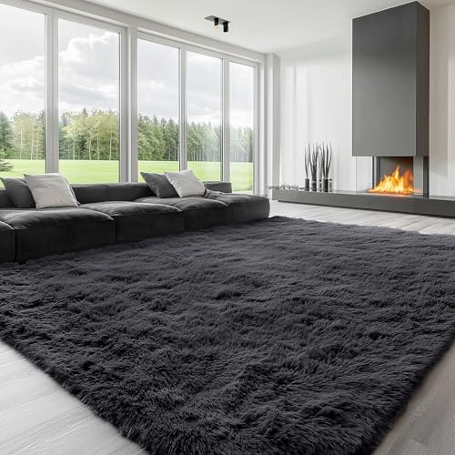 8x10 Ft Large Machine Washable Shaggy Area Rug for Living Room & Bedroom - Black