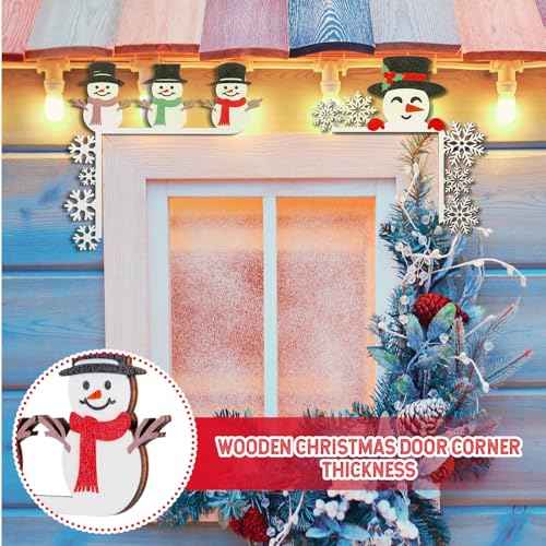 2 Pcs Christmas Door Topper Funny Snowman Snowflake Door Frame Corner Sign Decor Home Wooden Christmas Cabinet Knob Covers Party Ornament Props Gift for Wall Window DIY