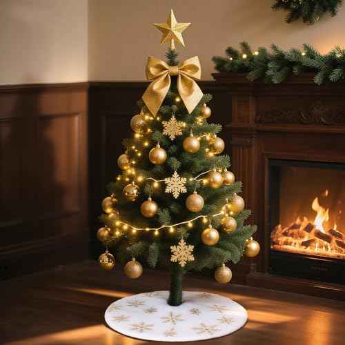 18 Inches Christmas Tree Skirt, White Plus Xmas Tree Skirt with Golden Snowflake Sequin Decoration for Christmas Tree Decoration Party Supply