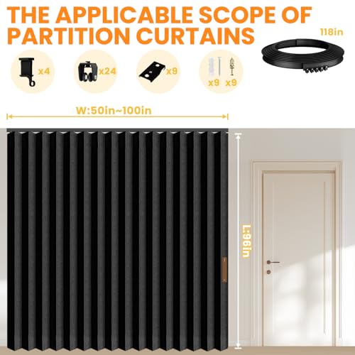 AJAZZ Black Room Divider Curtain Set with Flexible Ceiling Track 100W x 96L