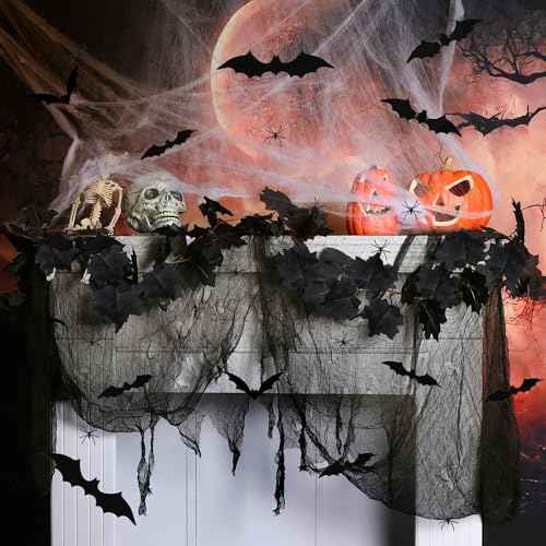 RunNico Halloween Gauze Fireplace Mantel Decorations Kit, Black Maple Leaf Garland, Spider Cloth Fireplace Mantel Scarf with Fake Bats for Halloween Decor and Horror Themed Party Supplies