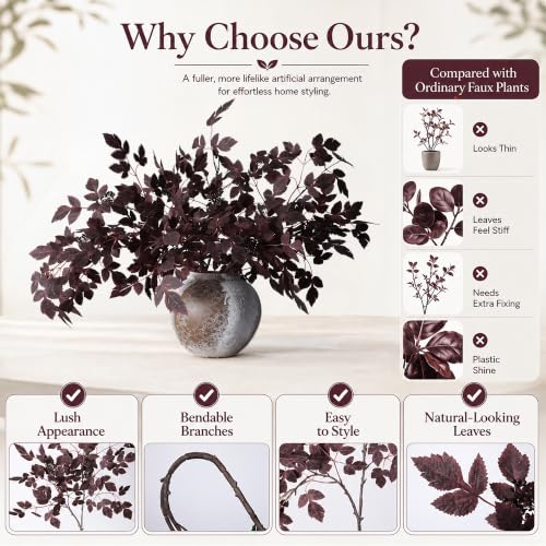 HyeFlora Burgundy Cimicifuga Faux Plant Stems, 28.7 in Artificial Greenery, 4-Pack for Home & Garden Decor