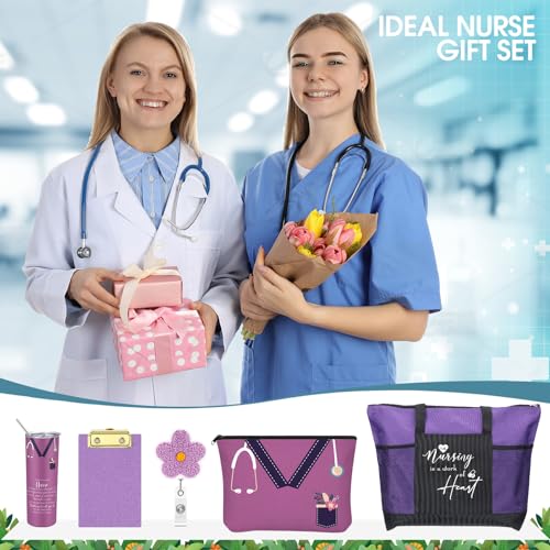 Willinglong Nurse Appreciation Gift Set - Purple, 5 Pcs with Tote, Tumbler, Canvas Bag & Badge Reel