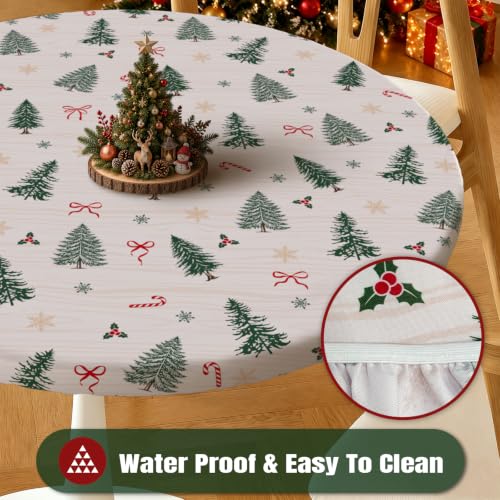 Exacmos Xmas02 52-Inch Elastic Round Water-Resistant Tablecloth for Holiday Decor