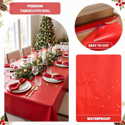 Christmas Plastic Tablecloth Roll 100FT x 54IN - White Red Green with Cutter Box