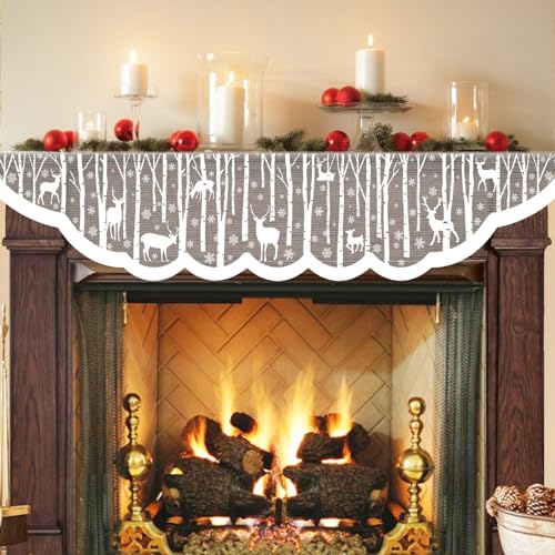 White Christmas Fireplace Mantel Cover ? Lace Reindeer Snowflake Mantle Scarf Garland Runner Decor - Xmas Fireplace Decorations for Living Room ? Winter Holiday Birch Tree Snow Woodland Mantel Scarf