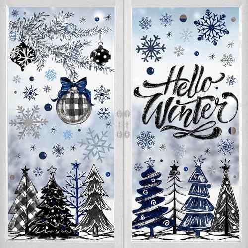 167 PCS Christmas Window Clings Stickers Hello Winter Snowflakes Christmas Tree Pine Branches Window Decals for Xmas Party Home Holiday Shop Glass Display Decoration