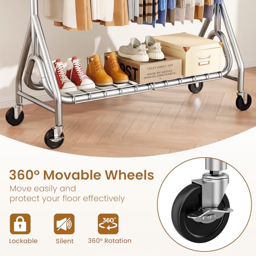 Heavy Duty Clothes Rack with Double Rods, Lockable Wheels, Shelving - Silver, 78 Inch