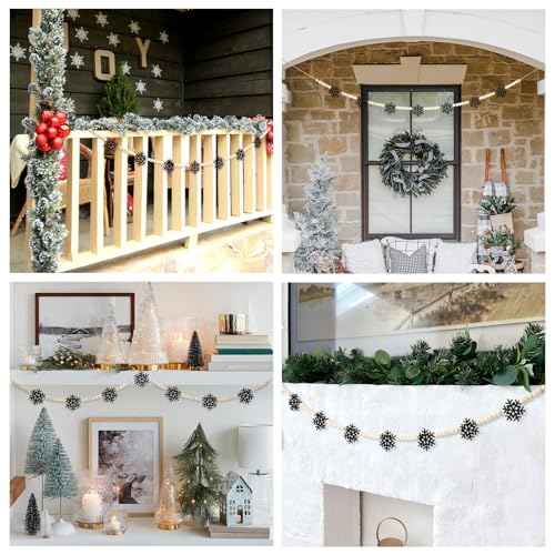 DAZONGE Christmas Decorations, Felt Snowflake Garland and Wood Beads for Farmhouse Christmas Banner Decor, Wall, Shelf, and Holiday Decorations