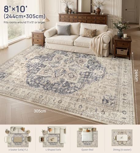 8x10 Washable Area Rug - Vintage Medallion Pattern, Non-Slip, Cream & Blue