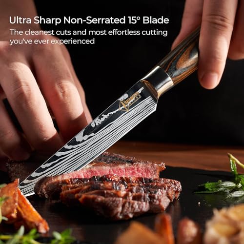 Senken Non-Serrated Damascus Pattern Steak Knife Set of 6 - Razor Sharp Stainless Steel & Wood Handles