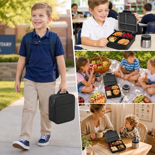 Kids Bento Lunch Box Set with 8oz Soup Thermo - Leak-Proof, 4-Compartment, Insulated Lunch Bag - Black