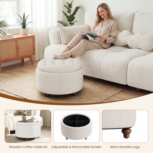 25" Round Ottoman with Storage, Small Coffee Table Reversible Tray Lid