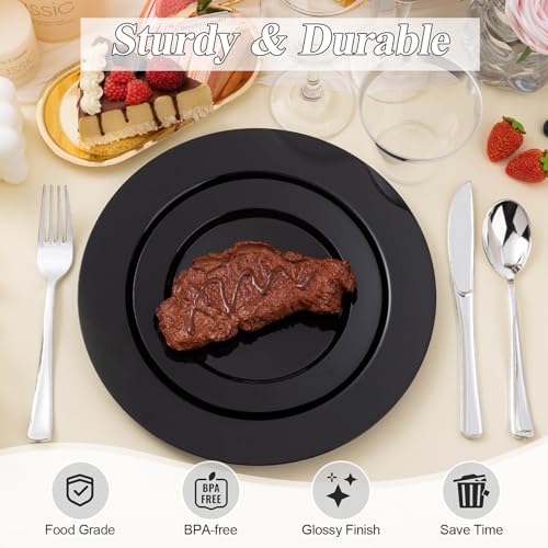 200PCS Black Plastic Dinner and Dessert Plates Set - Disposable Party Tableware