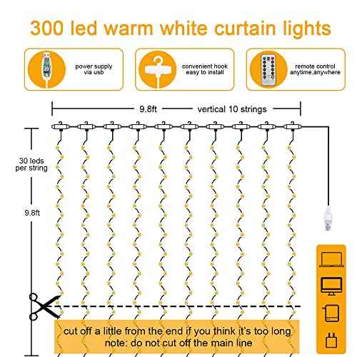 Vicloon Fairy Curtain Lights, Warm White LED 8 Mode 9.8x9.8Ft Waterproof Curtain String Lights for Indoor/Outdoor, Powered by USB with Remote Control