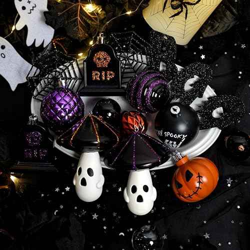 Alupssuc 70pcs Clearance Halloween Tree Ornaments Set,Multiple Patterns Shatterproof Plastic Hanging Balls Decorations with Rope for Indoor Outdoor Halloween Party,Black & Orange & Purple