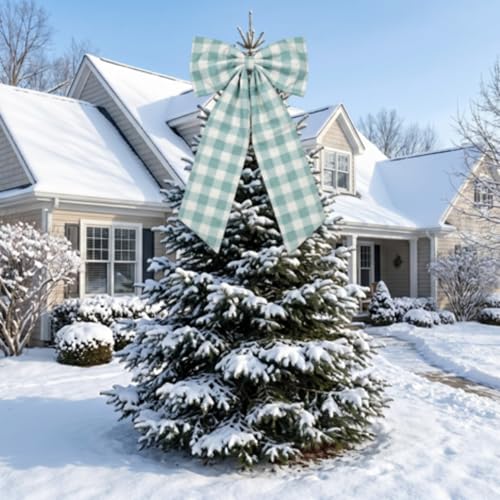 Canlierr Blue 26x39 Inch Christmas Gingham Bow Tree Topper - Large Holiday Decor