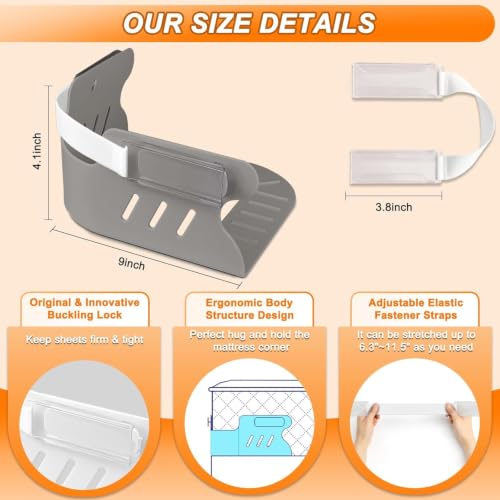 Gray Bed Sheet Holders for Corners - Heavy Duty Fitted Sheet Straps with Lock & Anti-Slip Pads (Set of 4)
