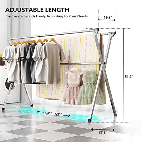 URYAN 95-Inch Heavy Duty Stainless Steel Clothes Drying Rack with 20 Windproof Hooks, Folding Indoor & Outdoor Laundry Organizer
