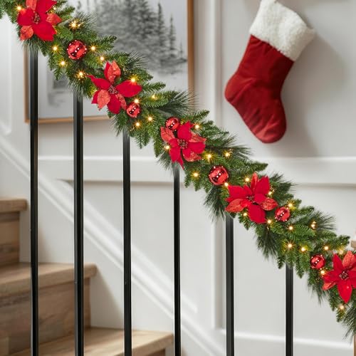 Garvee 9 ft Red Pre-Lit Christmas Garland with LED Lights - Indoor/Outdoor Cypress Leaves & Flower Accents