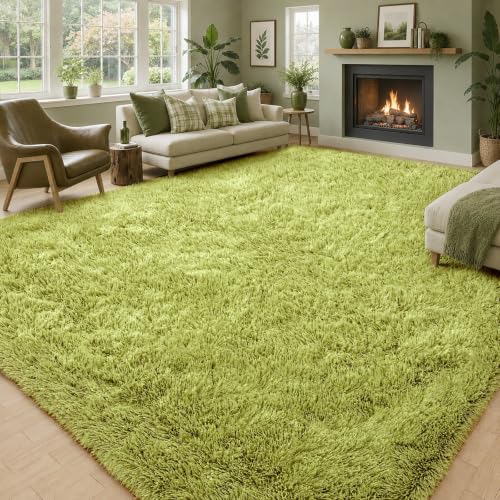 8x10 Green Shaggy Plush Area Rug - Large Furry Carpet for Living Room