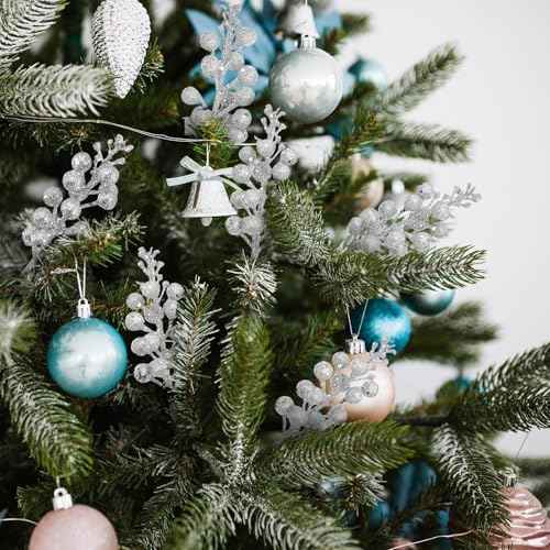 24 Pack 9 Inches Glitter Artificial Berry Stems, 15 Berries per Stem, Christmas Tree Picks Ornaments, DIY Xmas Wreath, Floral Arrangements Home D?cor, Winter Wonderland Decoration (24, Silver, 9 Inch)