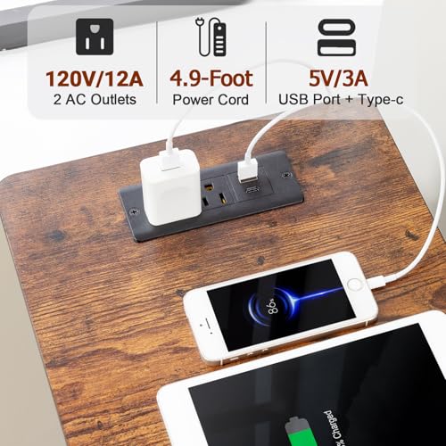 Narrow Side Table with Charging Station - Brown Power Style, Small End Table