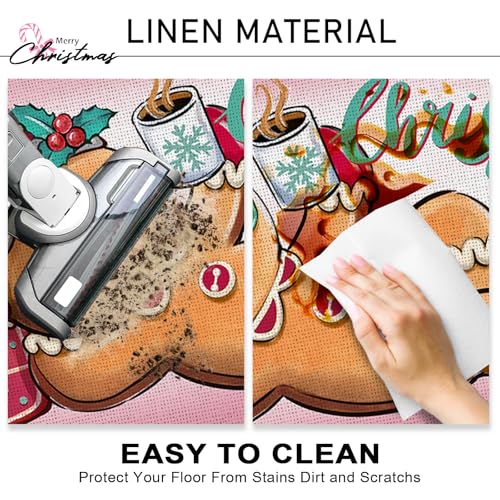 Christmas Gingerbread Man Kitchen Rugs Set of 2 - 17x29 & 17x47 Inches, Non-Slip Holiday Decor