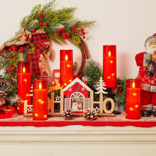 Homemory Red Flickering Flameless Candles with Remote, 5-Piece Set (2.2x5", 2.2x6", 2.2x7", 2.2x8"), 4-Timer