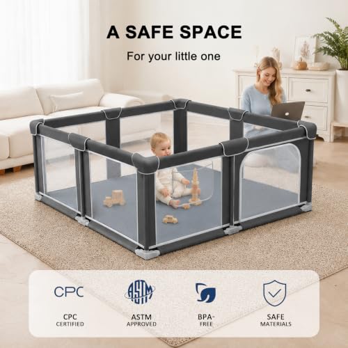 Grey 50x50 Inch Foldable Baby Playpen with Mesh Walls & Mat - Portable Indoor & Outdoor Safety Fence