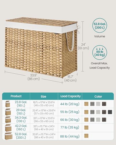 SONGMICS Natural 200L 4-Section Laundry Hamper with Lid & Mesh Bags