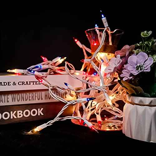 MULTI-SPARKING Red White and Blue String Lights - 35 Count 4th of July Patriotic Mini Christmas Lights for Independence Day Decorations, 8.5 Feet White Wire Incandescent Set