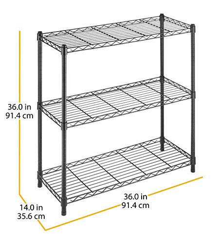 Whitmor 3-Tier Black Metal Shelving Unit, 36"L x 14"W x 36"H, Adjustable Wire Storage