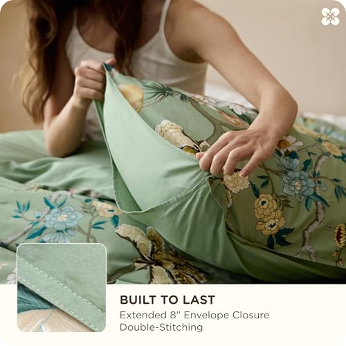 Bedsure PureWoven 100% Cotton Floral Duvet Cover Set - Queen, Green Garden, No Comforter Variation 06