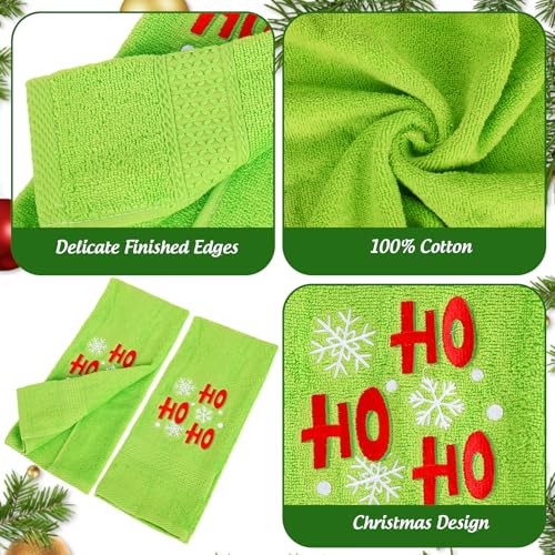 Green Christmas Hand Towels 2 Pack — Snowflake Embroidered Cotton, 29.5 x 13.8 in