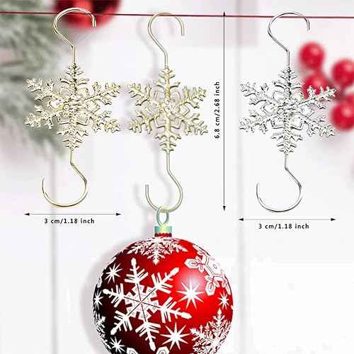 Ornament Hooks for Hanging Decorations, 20 PCS Gold Snowflake S-shaped Hangers - Swirl Christmas Tree Hangers with Crystal Beaded Tips for Small Ornaments