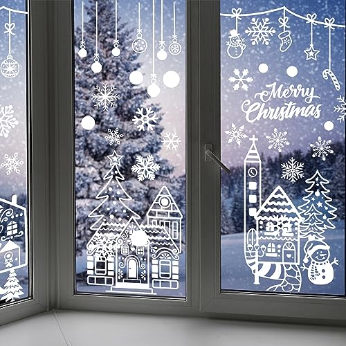 FINGOOO 56Pcs Large Christmas Window Clings - Double-Sided White House Snow Scene 4 Sheets 27.6 x 15.7 in