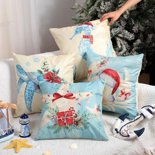 4 Pcs Christmas Sealife Coastal Pillow Covers Coastal Christmas Decoration Linen Throw Pillow Covers Sea Ocean Nautical Decorative Pillowcase for Couch Outdoor Sofa Living Room (20 Inch)