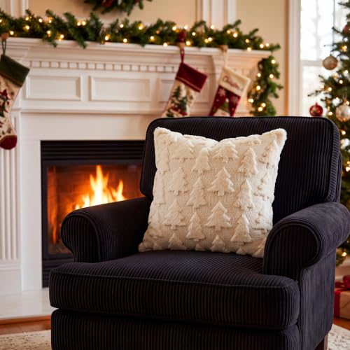 FEHERLO Christmas Tree Throw Pillow Covers 18x18 in Beige, Set of 2 – White Trees Variation