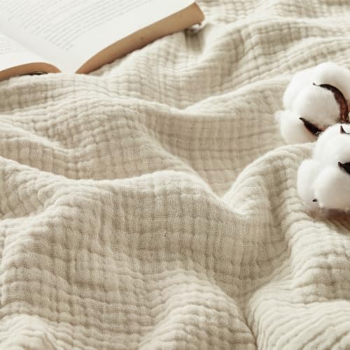 Twin XL Cotton Muslin Blanket - 4-Layer Linen Beige Bed Cover for Dorm