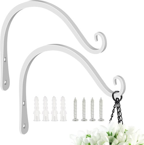 FEED GARDEN Heavy Duty Plant Hooks - 8 Inch Wall-Mounted Brackets | 44lb Capacity Steel Hangers in White