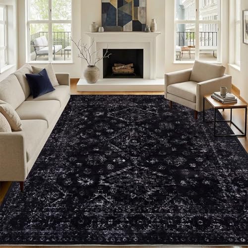 8x10 Black & Dark Blue Area Rug - Large Machine Washable Living Room Rug, Non-Slip, Geometric Pattern