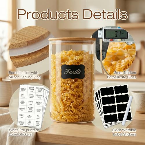Round Glass Storage Containers with Bamboo Lids for Pasta & Flour, 5