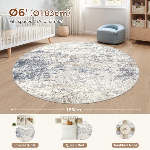 Round Area Rug 6ft Soft Washable Abstract Carpet for Living Room Beige Blue