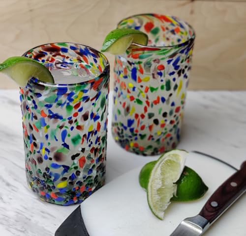 Hand Blown Mexican Drinking Glasses Set of 6 - Confetti Rock Design, 14 oz