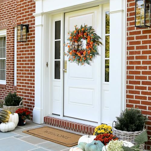 Autumn Leaf Wreaths - 24 Inch Fall Door Wreath with Berries & Bow - Harvest Decor