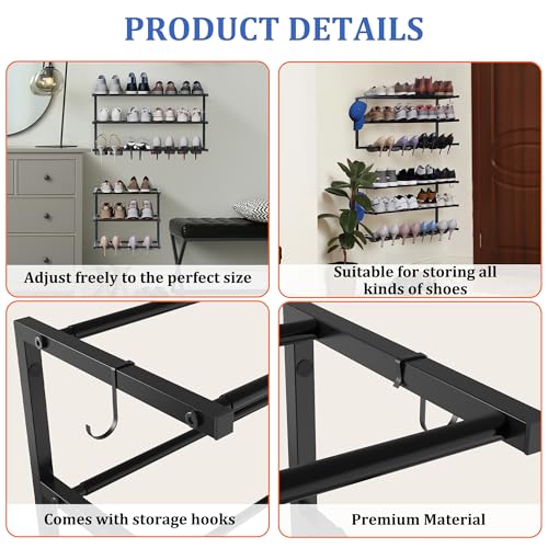 Jchccu 4-Pack Wall Mounted Shoe Racks Black, Adjustable 3-Tier Organizer with Hooks
